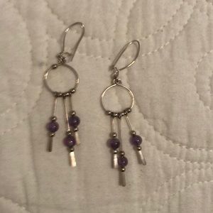 wire earrings with mini beads & purple stones
